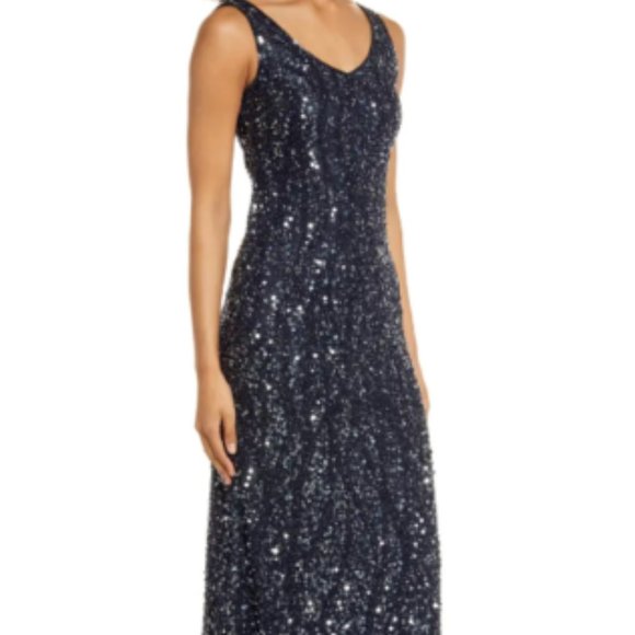 PISARRO NIGHTS  SEQUIN & BEADED SLEEVELESS NAVY  GOWN sz 4 - Picture 3 of 9